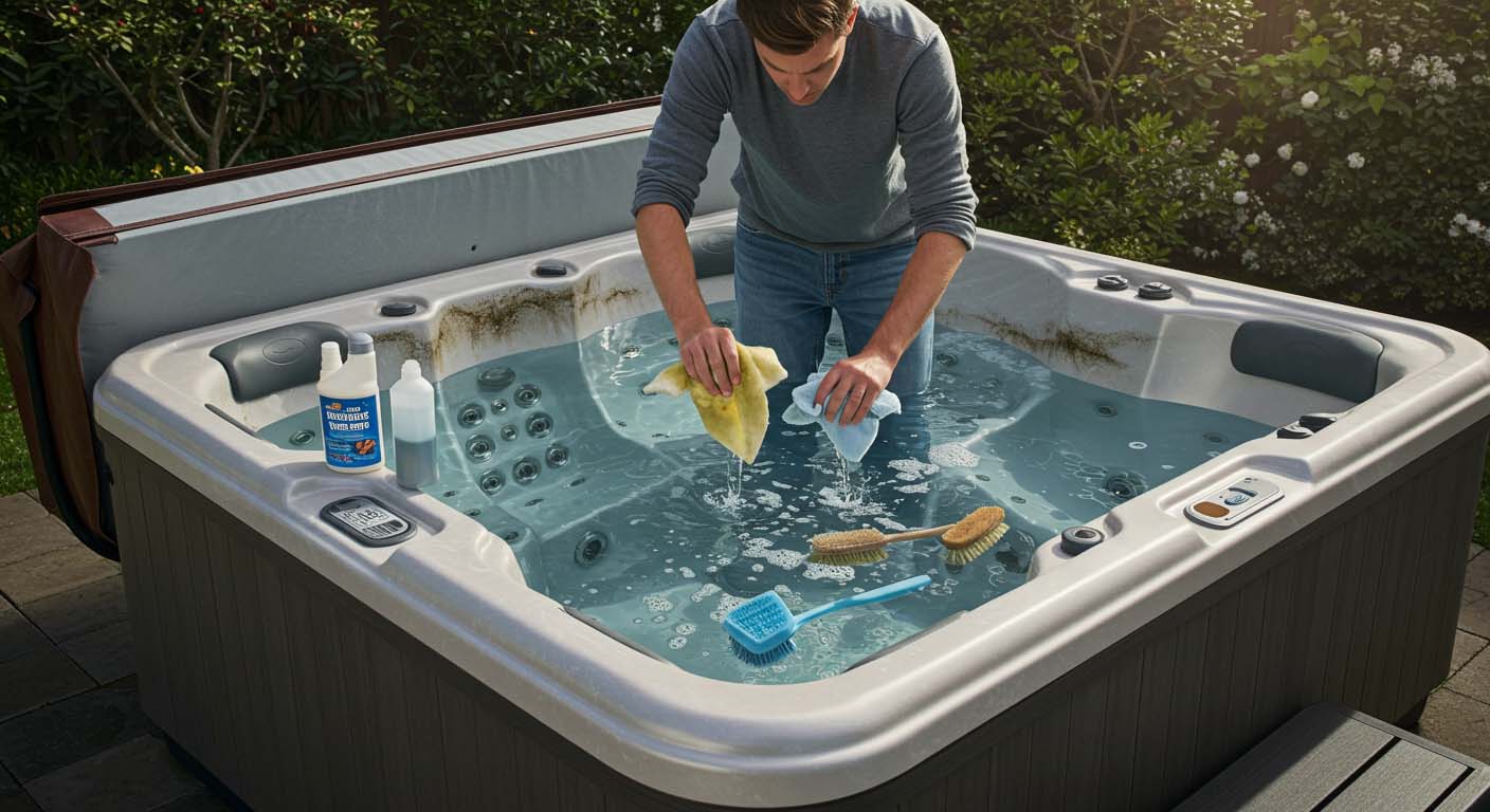 Man cleaning hot tub